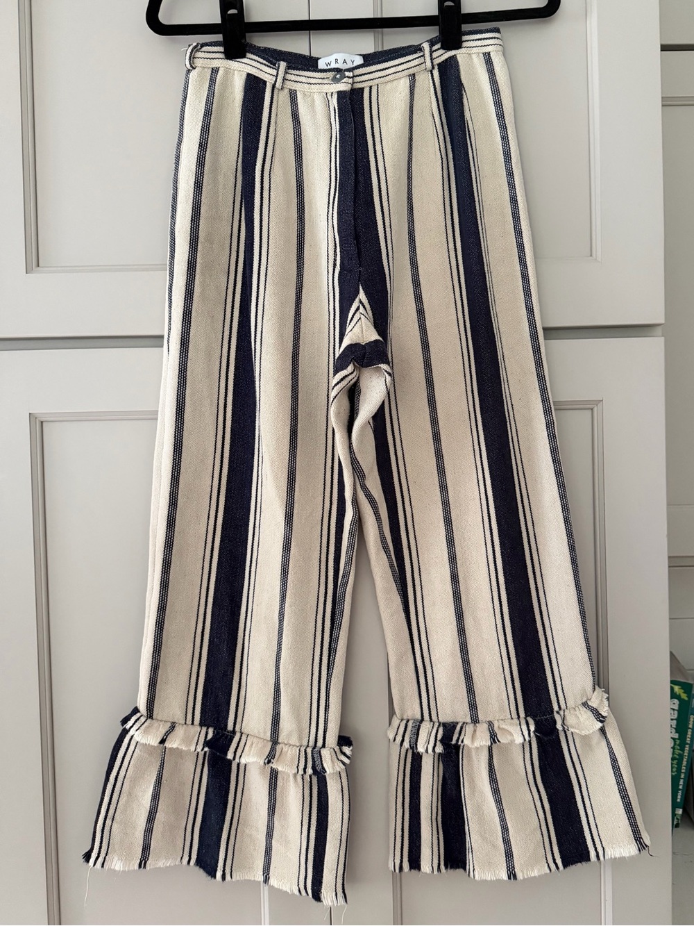 Wray Striped Ruffle Hem Wide-Leg Pants — Navy & Cream